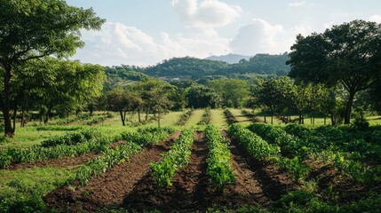 A peaceful organic farm practicing agroforestry, with trees planted alongside crops to promote biodiversity.