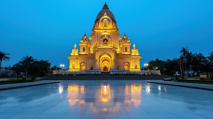 Naklejka premium Illuminated Temple at Dusk with Reflective Pool