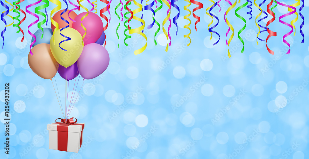 Aufkleber flying gift box with multicolored balloons on blurred blue background with curly ribbon. Empty space for text. 3d rendering