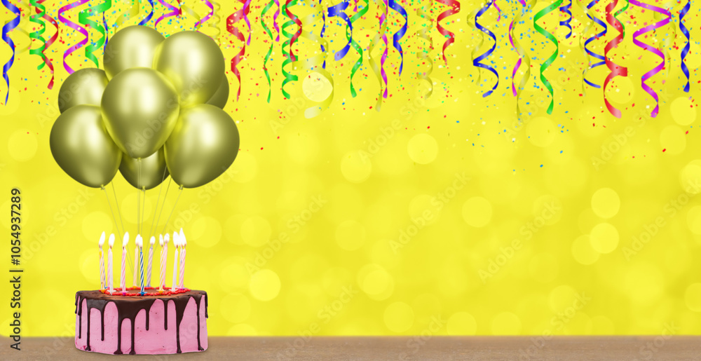 Poster birthday cake with bunch of yellow or golden balloons on blurred yellow blurred background. empty sp