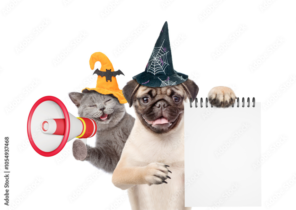 Poster happy cat and pug puppy wearing hats for halloween looks at camera. dog holds blank notepad. kitten 