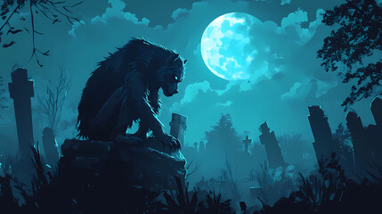 Obraz premium Werewolf s twilight transformation in misty graveyard under cloudy full moon. Shapeshifter. Illustration
