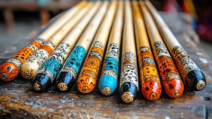 Colorful Handcrafted Wooden Sticks on Rustic Surface