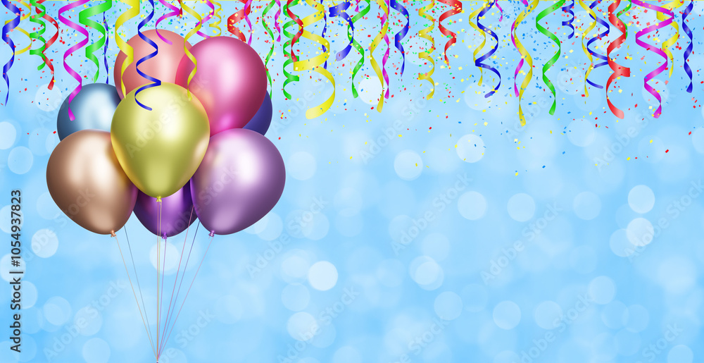 Aufkleber Bunch of colorful balloons on blurred blue background with different colored confetti and streamers for party time. Empty space for text. 3d rendering