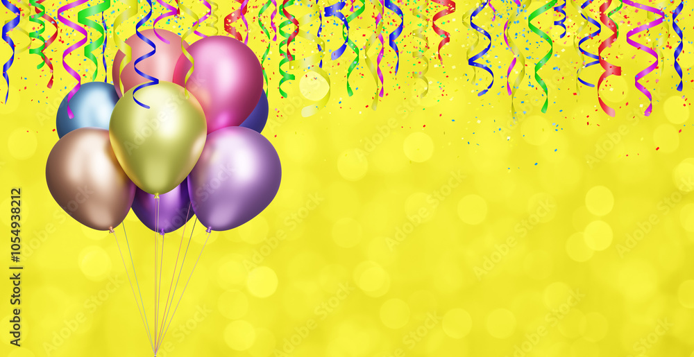 Aufkleber Bunch of colorful balloons on blurred golden or yellow background with different colored confetti and streamers for party time. Empty space for text. 3d rendering