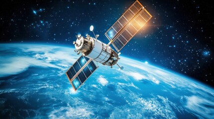 Satellite communication in space, linking global systems via satellite signals.
