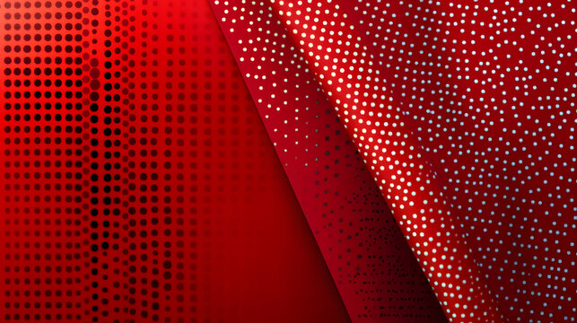 Four red backgrounds, each featuring halftone dot patterns