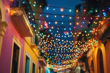 Bright festive lights strung across streets and buildings for a New Year celebration