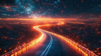 Fototapeta premium A Winding Road Through a City Lit Up by Starry Lights