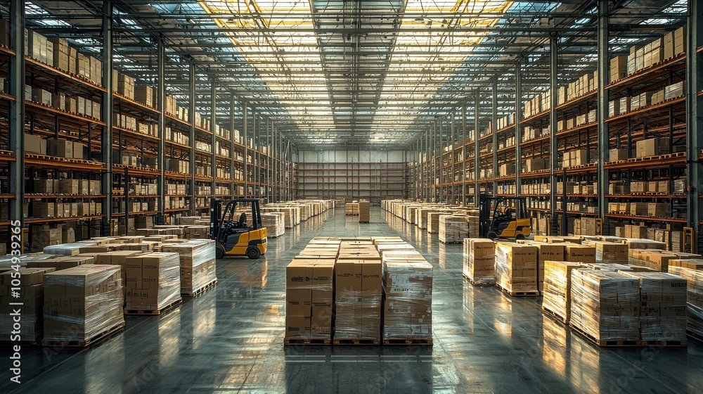 Poster warehouse interior with neatly stacked boxes and forklifts moving in the afternoon light, showcasing