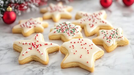 Christmas cookies in festive shapes, decorated with icing and sprinkles, ready to be enjoyed