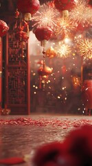 Traditional Chinese fireworks and interior scene illustration poster background