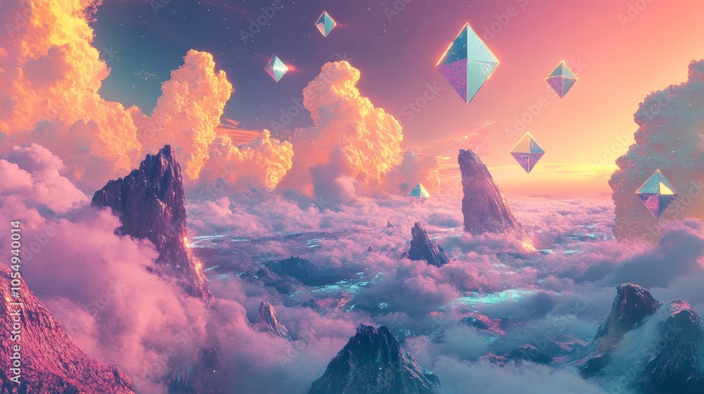 Poster a surreal ai-generated landscape where the sky is filled with floating geometric shapes and clouds t