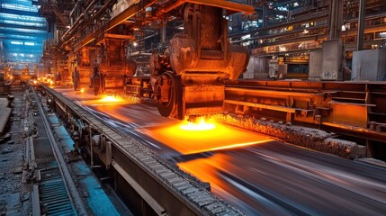 Fototapeta premium Steel production in a massive industrial plant, with molten metal and heavy machinery in action.