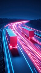 Dynamic Nighttime Transport Illuminated Trucks on a Vibrant Highway