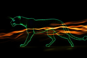 A dynamic silhouette of a prowling leopard, highlighted by neon green and orange light streaks, standing out on a dark background.
