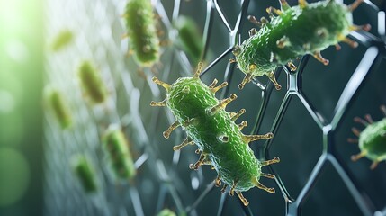 Naklejka premium Digital Barrier with Floating Bacteria: A digital-looking, hexagonal barrier with germs attempting to pass but failing, representing a modern, high-tech approach to germ protection.