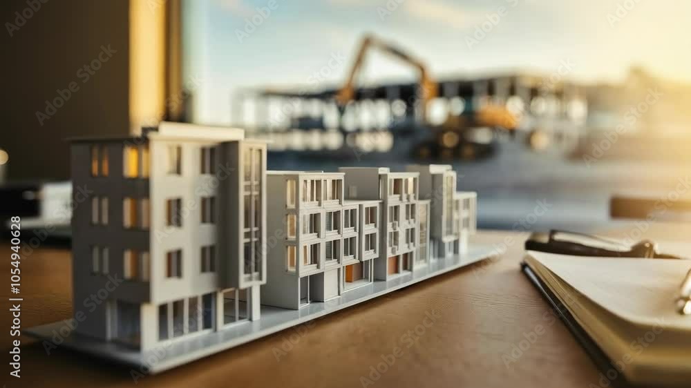 Poster a scale model of a modern building on a desk with construction in the background.