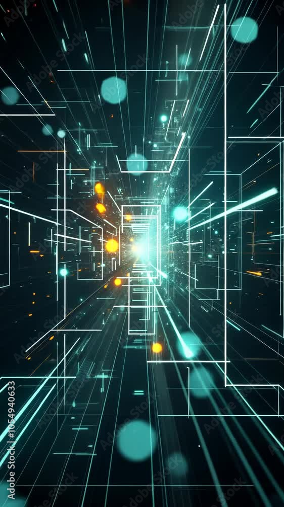 Poster Digital abstract tunnel with glowing lines and particles