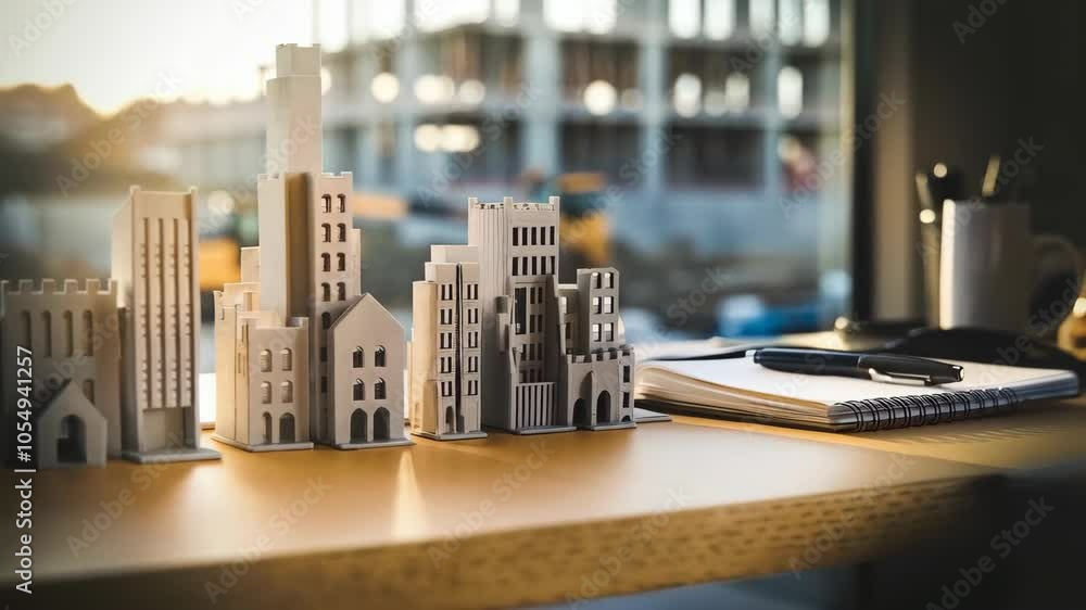 Poster a collection of architectural models displayed on a desk with a construction site background.