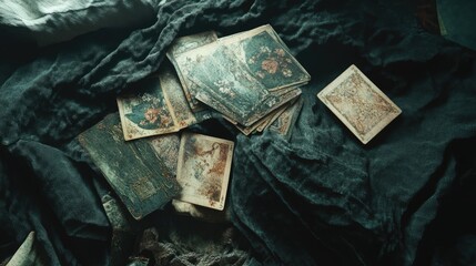 Naklejka premium Vintage Cards on Dark Fabric Background