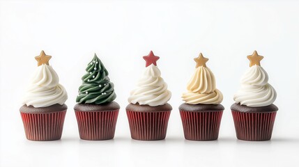 Five decorated cupcakes on a white background.
