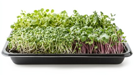 Fototapeta premium A tray of freshly harvested microgreens like sunflower shoots and broccoli sprouts, ideal for healthy salads and garnishes, isolated on a white background