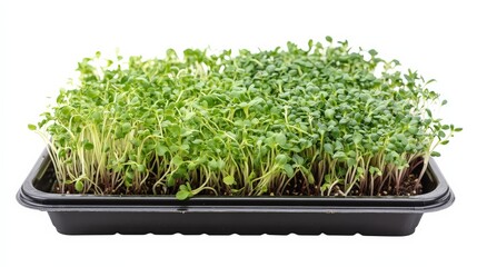 Fototapeta premium A tray of freshly harvested microgreens like sunflower shoots and broccoli sprouts, ideal for healthy salads and garnishes, isolated on a white background
