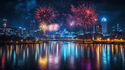 Fototapeta premium Fireworks lighting up the night sky over a city skyline, celebrating a holiday