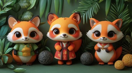 Fototapeta premium Three Cartoon Foxes Dressed in Traditional Chinese Clothing