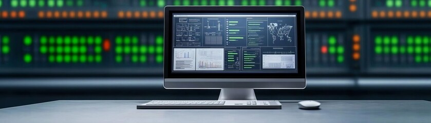 A modern computer display showcasing complex data analytics on a sleek desk in a high-tech environment with colorful lights.