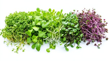 Obraz premium A vibrant collection of microgreens, featuring cilantro, kale, and mustard greens, known for their nutritional value, isolated on a white background