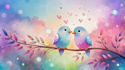 Two lovebirds with heart bokeh background