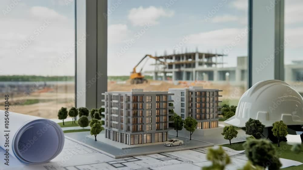 Poster a construction model displayed with blueprints and a building site in the background.