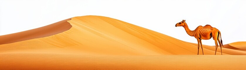 A solitary camel stands gracefully in an expansive desert landscape, showcasing waves of golden sand under a clear blue sky, perfect for serene imagery.