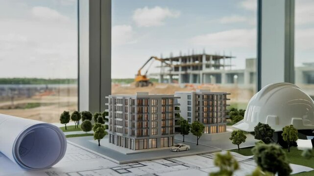 A construction model displayed with blueprints and a building site in the background.