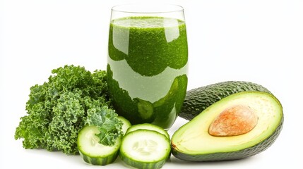 A vibrant green smoothie made from kale, avocado, and cucumber, perfect for a healthy start to the day, isolated on a white background