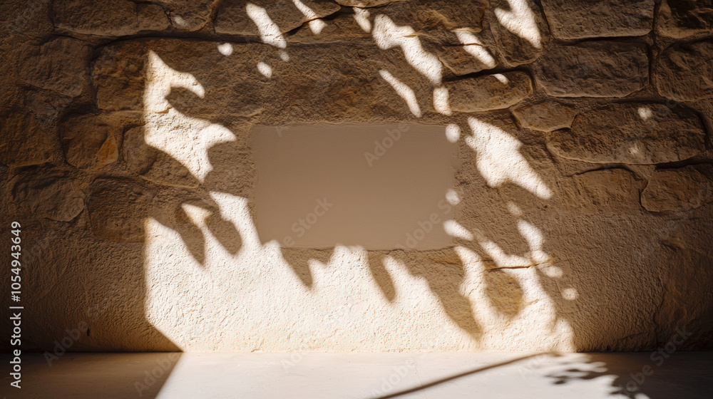 Poster serene scene featuring shadows cast by leaves on textured stone wall, creating calming atmosphere. i