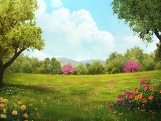 Obraz premium Nature in spring, a lush meadow dotted with vibrant blooms and trees in fresh foliage