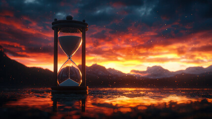 hourglass with sand flowing down, set against stunning sunset over mountains, evokes sense of time passing and reflection