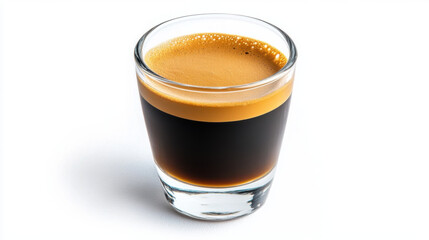 close up of glass of espresso showcasing rich layers of coffee and crema, perfect for coffee lovers.