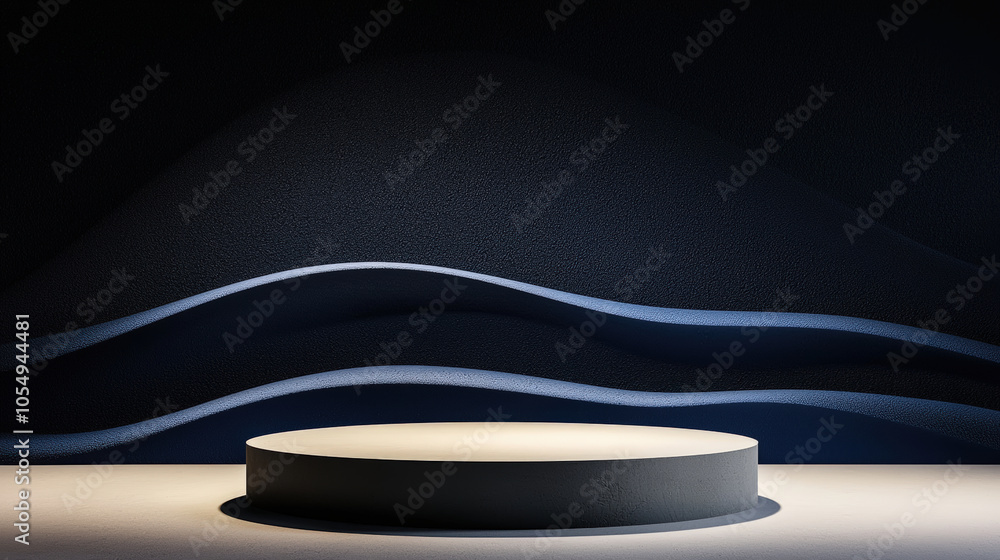 Poster minimalist stage with soft lighting and smooth curves on dark background creates serene atmosphere, 