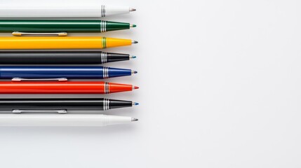 Fototapeta premium Assorted colored pens lined up neatly on a white desk, creating a clean and organized look ideal for a productive, welcoming workspace