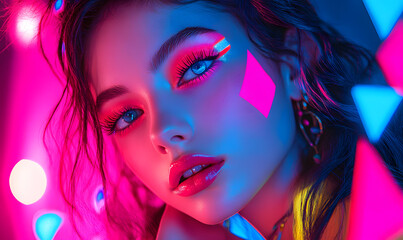 Modern Beauty Concepts: Women in Dynamic Urban and Natural Environments, Featuring Bold Geometric Designs and Retro Album Cover Inspirations