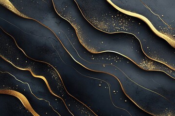 Abstract black and gold background with wavy lines and glitter.