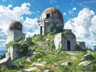 Fototapeta premium An abandoned observatory on a hilltop, with broken telescopes and crumbling stone walls, surrounded by overgrown grass.