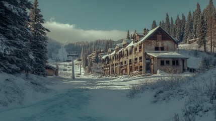 Fototapeta premium An abandoned ski resort, with broken lifts and empty lodges, overtaken by the snowy wilderness.