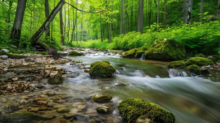 Obraz premium A clear stream flowing through a lush, green forest in spring