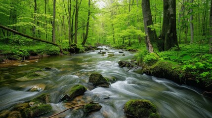 A clear stream flowing through a lush, green forest in spring
