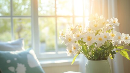Springtime home interior with fresh flowers and light streaming through windows